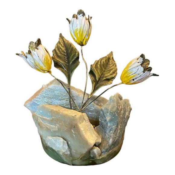 Art Of Frank Mosse Enameled Tulip Flowers Sculpture On Natural Aggregate Rock - Picture 1 of 6